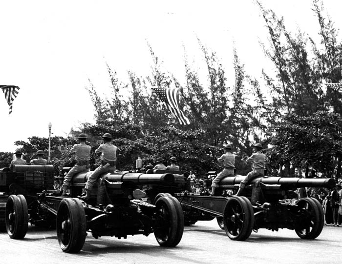 Rear view - 155 mm. Guns of the 51st Coast Artillery, passing in review at the 4th of July Parade, San Juan, Puerto Rico, 1941.  SC121823